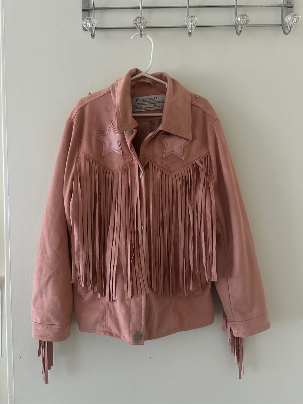 Women's Pink Fringe Leather Jacket with Star Accents - Picture 1 of 6